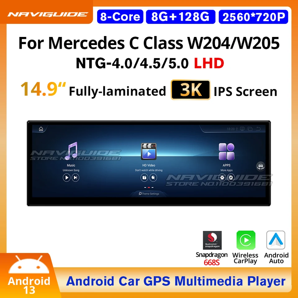 Naviguide 14.9 '' pre Mercedes C Class W204 W205 LHD Wireless CarPlay Auto Car GPS multimediálny hráč 4G WiFi Android 13 HeadUnit
