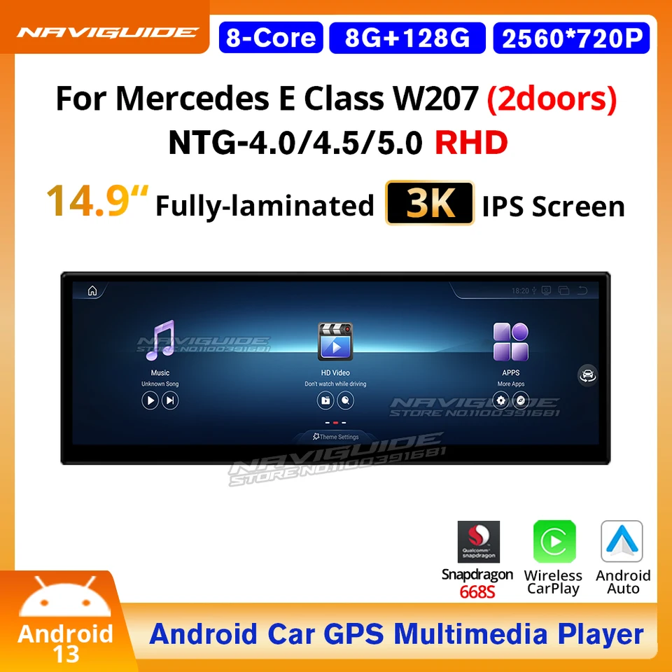 Naviguide 14.9 '' Wireless CarPlay Auto Car Multimedia Player pre Mercedes E Class W207 RHD 2009-2018 GPS NAVI Android13 HeadUnit