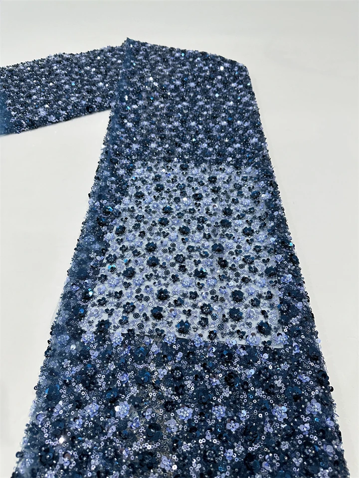 Navy Blue Flowin Luxury Beads Lace African 2024 Vysoko kvalitné 5 yardov ručne vyrábané flitry tkanina Nigéria na večerné párty šaty shi