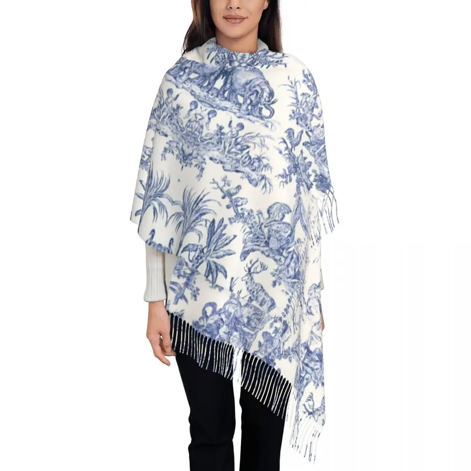 Navy Blue Toile de Jouy Tassel Scarf Ženy mäkké francúzske vidiecke kvetinové šatky obal ženské zimné pádové šatky