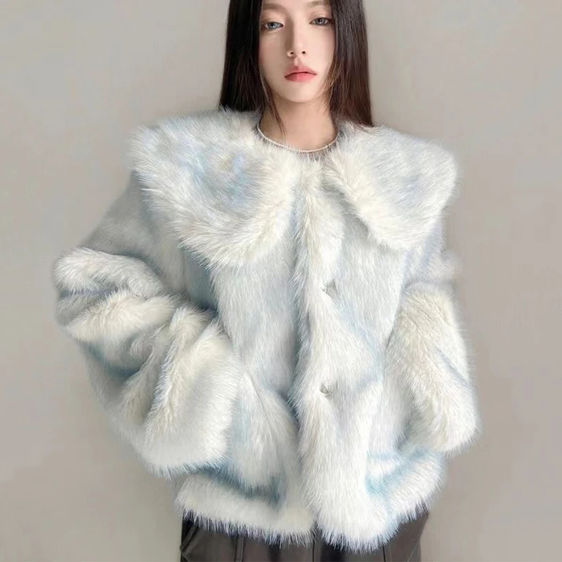 Navy Collar Hairy Winter Faux Fur Bunda Coat Dámske dojaté vrecká s dvoma vreckami.