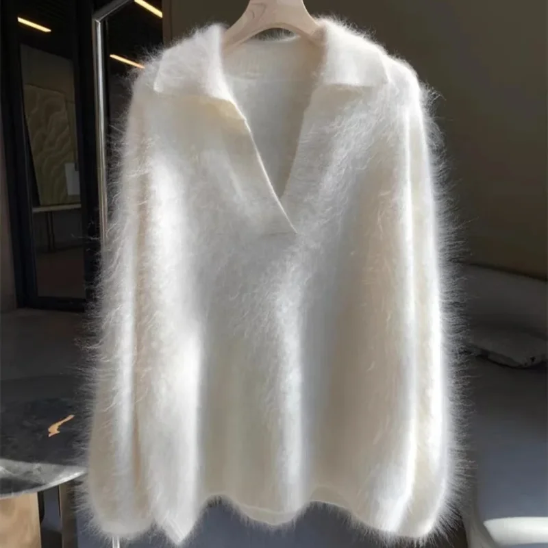 Navy Collar Pullover Mink Cashmere Sveter for Women s dlhým zadkom s košeľovým košeľom V Sweater Doprava zdarma C111