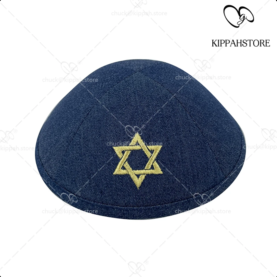 Navy Linen Kippas so zlatou výšivkou Davidovej hviezdy pre barmitzvah