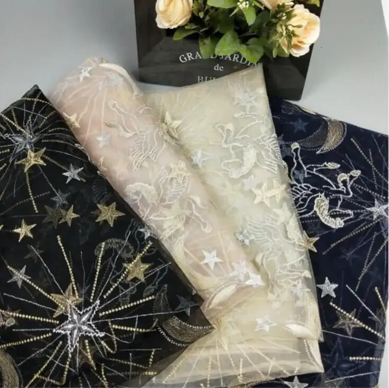 Navy modrá čipka látky, hviezdy Moon Flying Horse Tulle Table Zlato strieborná niť pre svadobné šaty