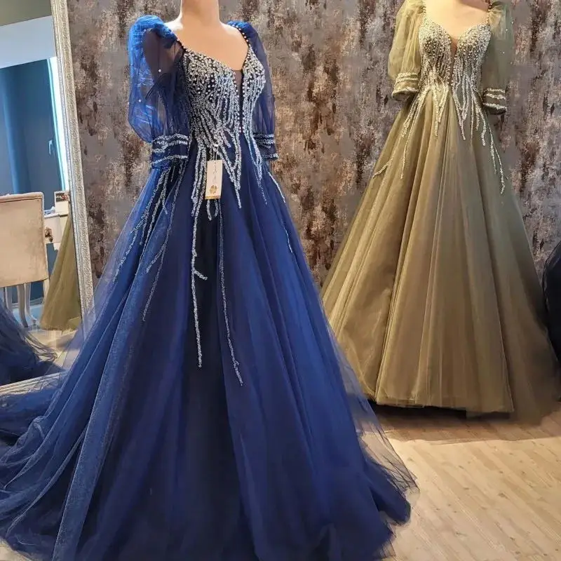 Navy modré A-line korálkové večerné šaty v krk napoly rukáv Diamond Diamond Formálne šaty plus veľkosť tylu Puffy Serene Event Party Wear