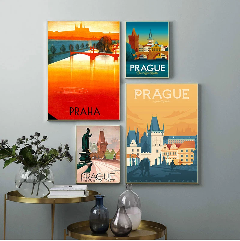 Navštívte Českú republiku Prahu Canvas Obrazy Vintage Cestovná stena kraft plagáty potiahnuté nástenné nálepky na nástenky Domov Darček