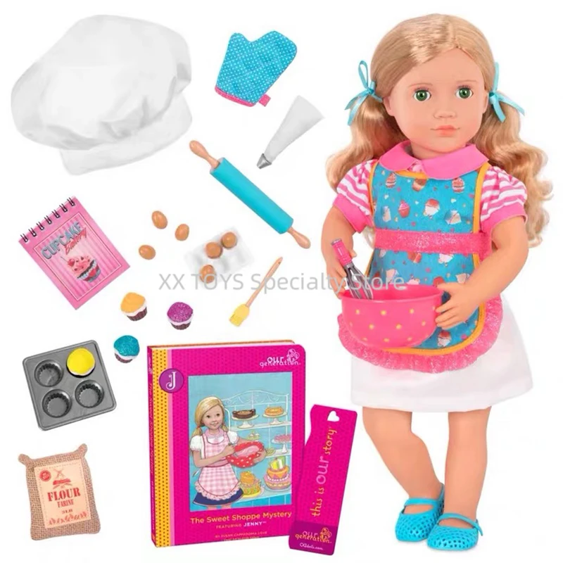 Naša generácia Deluxe pozitívna Jenny Doll Doll 18-palcová s doplnkami na pečenie a Sweet Shoppe Storybook Girls Play House Toys