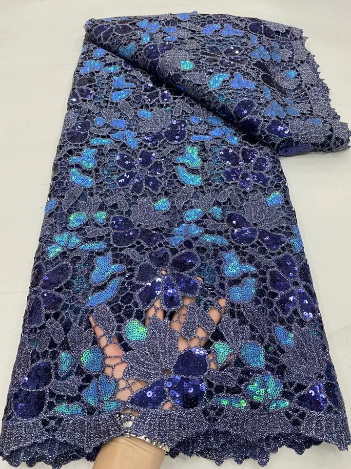NDPG77 Blue! Pekná africká vodná rozpustná čipka s flitrami, kvalitné vyšívané čipky Guipure Cord Lace pre večierky/svadobné šaty