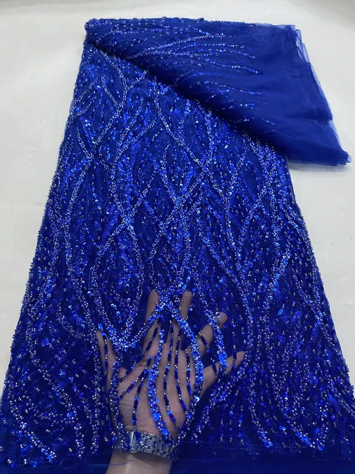 NDPN368 Royal Blue! Veľkoobchod africká sieťová čipka s flitrami a korálkami, vysoko kvalitná vyšívaná čipka francúzskeho tylu pre módne šaty