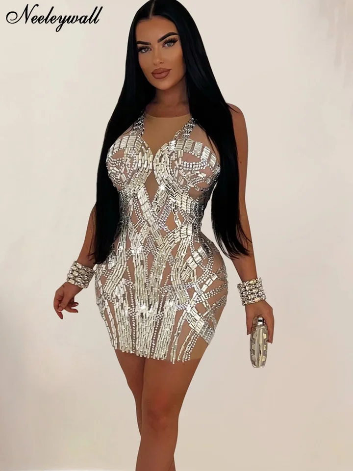 Neeleywall Luxusná žena Večerné šaty glam bez rukávov o krk nahé krištáľové nočné šaty celebrity oblečenie