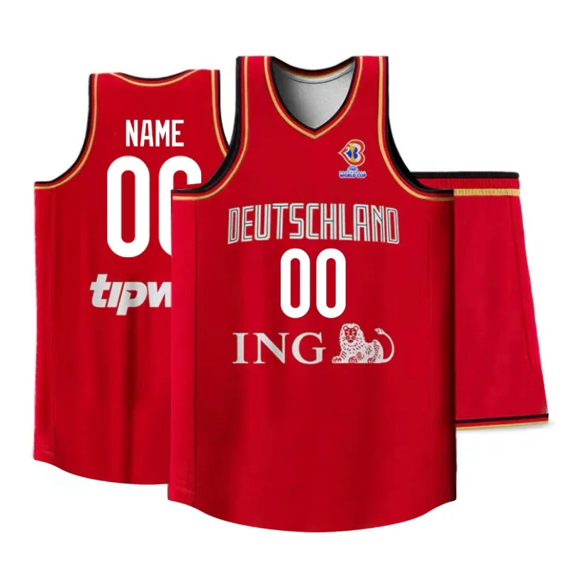 Nemecký tím World Basketball Jersey Prispôsobiteľné meno hráča a číslo rýchle vyschnutie priedušnej látky a šortiek