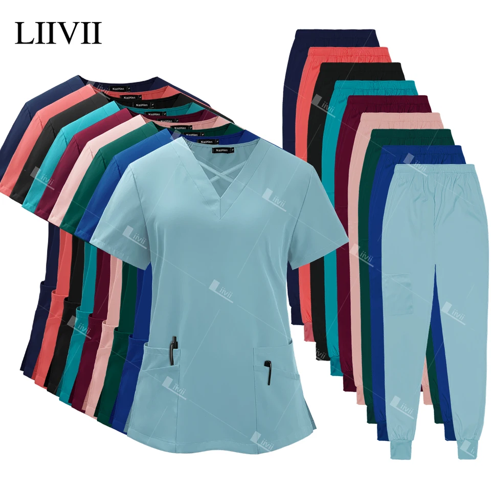 Nemocničné uniformy Veľkoobchodné vrcholy jogger nohavice Medical Scrubs Set Ženy Ošetrovateľské pracovné oblečenie Surbs Nurse Uniformy Mnoho vreckov oblekov