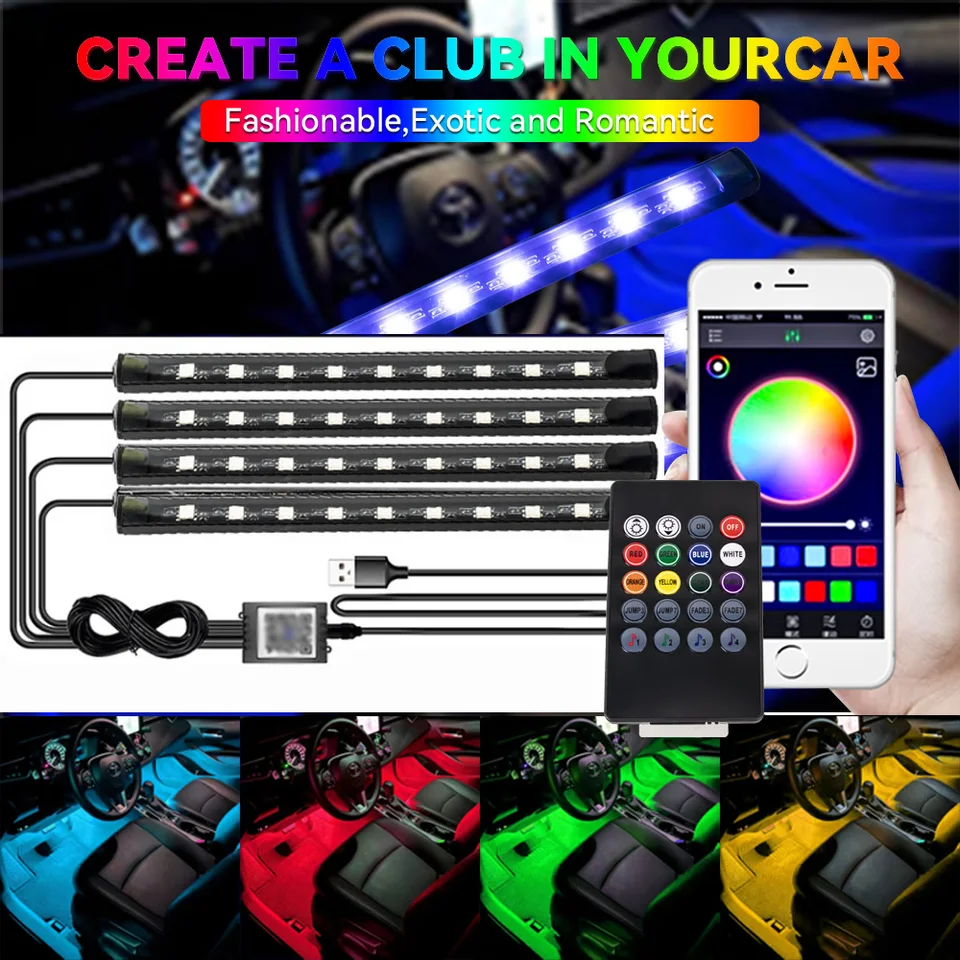 NEON 36 LED auto interiérové ​​okolité nohy s USB Wireless Remote App Hudobnej ovládania automatické dekoratívne žiarovky Atmosféra Atmosféra Atmosféra
