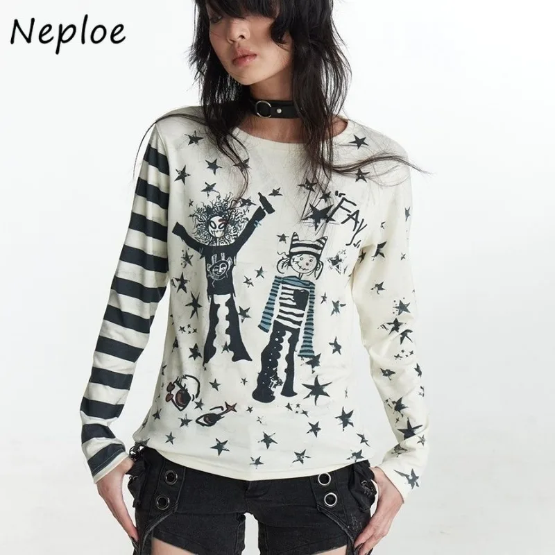 Neploe 2024 Jesenná tenká subkultúra japonská rozprávková streetwear 2000.s y2k Tees femme elegantné tlačené pruhované tričká s dlhým rukávom