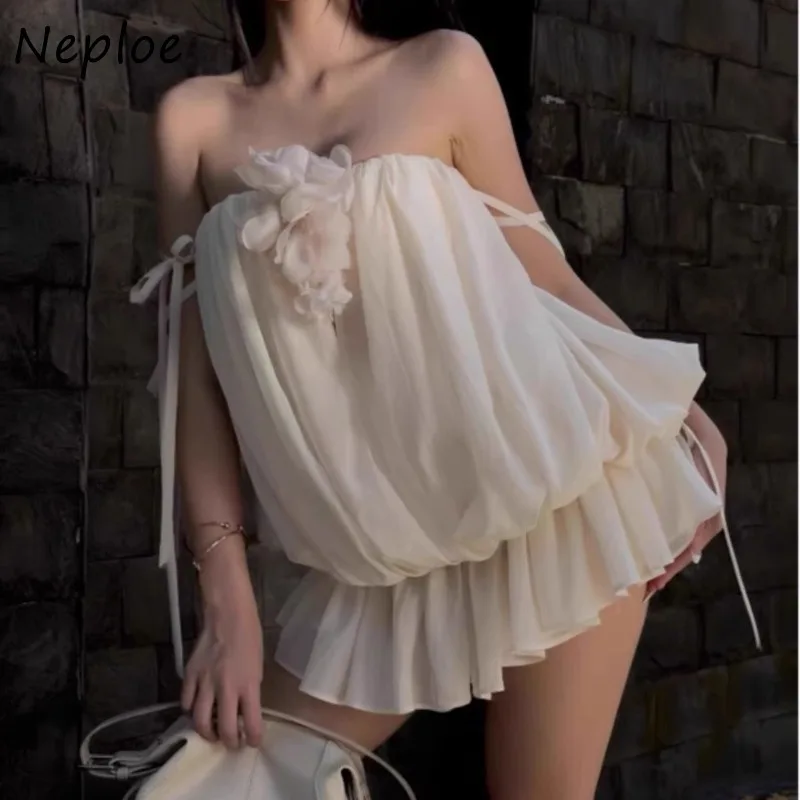 Neploe 2024 letné nové šaty bez ramienok pre ženy módne vintage 3d kvetiny ruched šaty y2k tenký pás Vestidos majer