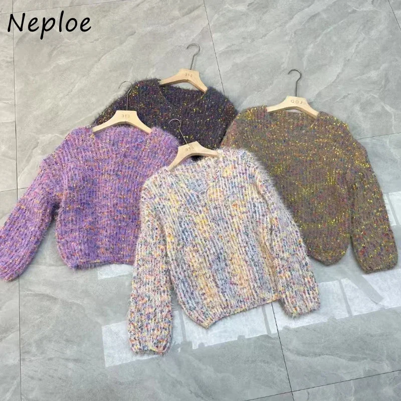 Neploe Autumn Winter Gentle Color Dot Lazy Sweater Žena V-krk dlhé rukávy Topy Dám