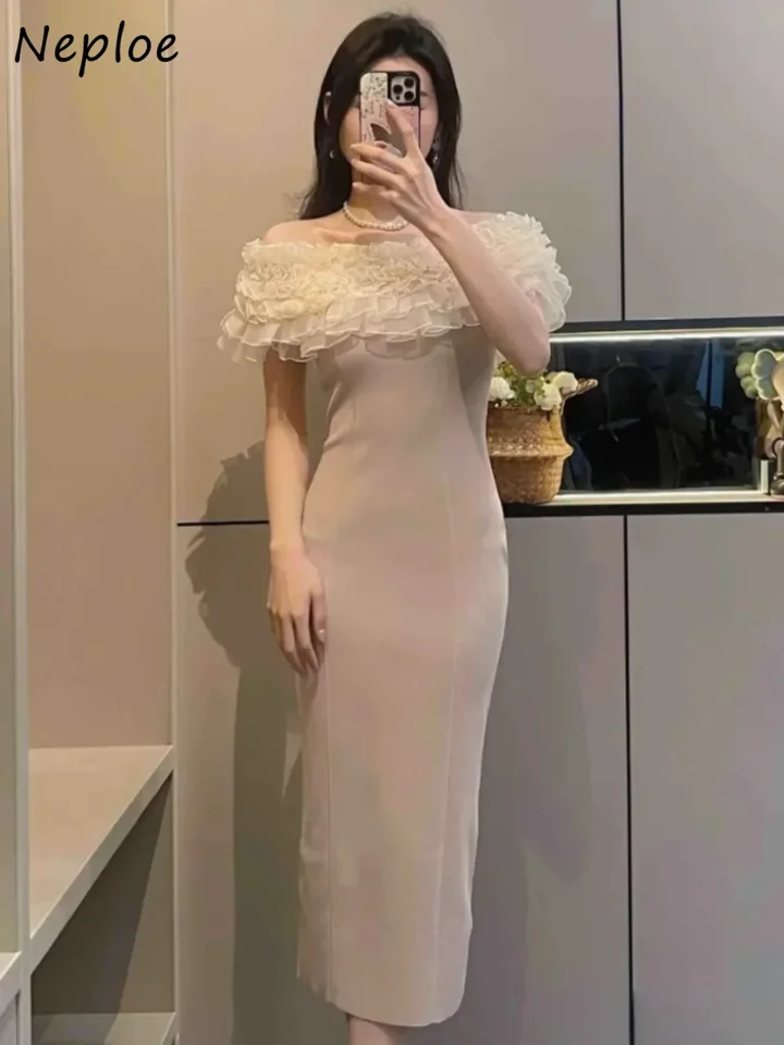 Neploe Slim Fit Elegant Slash Slash Brck bez rukávov Šaty ťažké huby Bodycon Patchwork Robe Japanese Lumfles bez ramienok Vestidos