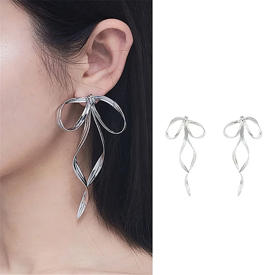 Nepravidelné módne návrhárske náušnice pre ženy kovové luk dlhé páskové náušnice Ženský výrečný štýl Ear Stud šperky