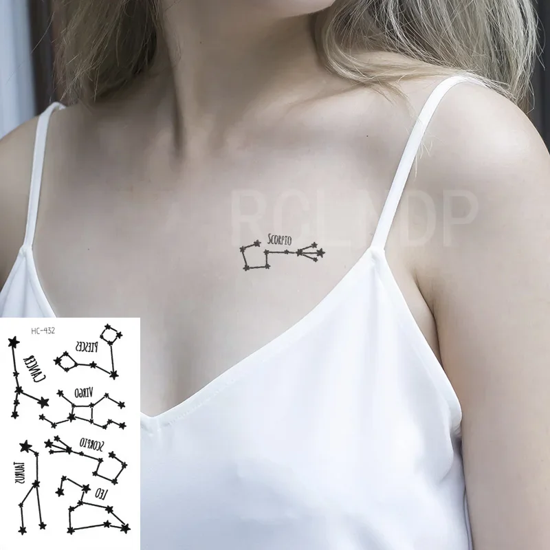 Nepremokavé dočasné tetovanie nálepky hviezda konštelácie Leo Taurus Scorpio Panna Piesces Flash Tatoo Fake Tatto pre ženy