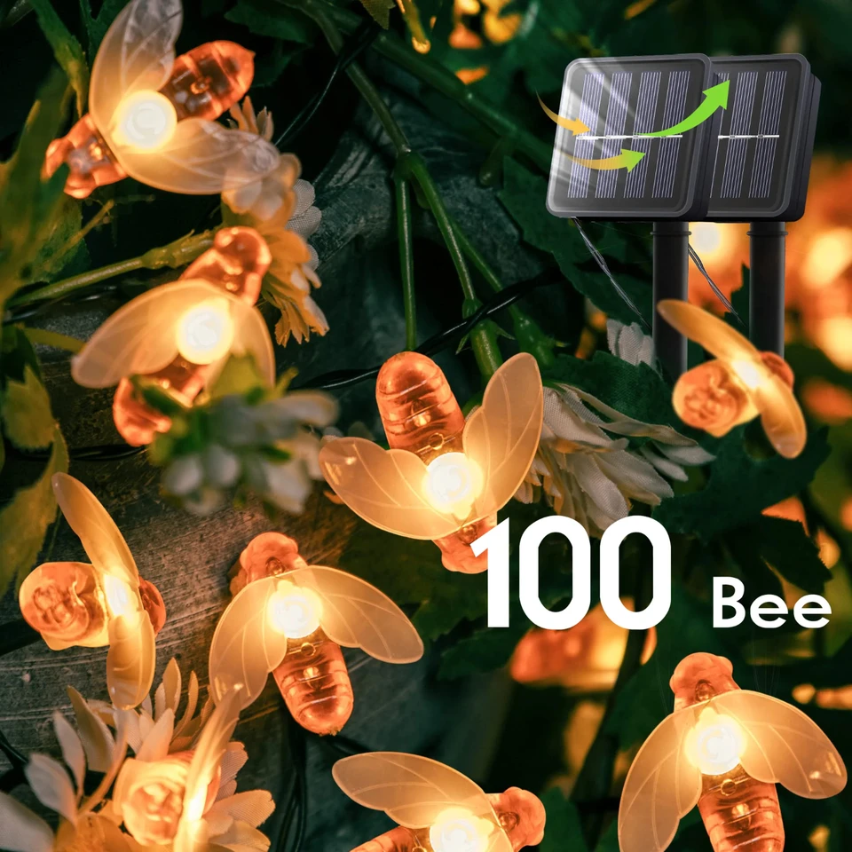 Nepremokavé odolné svetlé podmanivé 100 -ledované solárne včelie vonkajšie lampa rozprávky - dlhotrvajúca s 8 režimami pre Chritmas Garlan