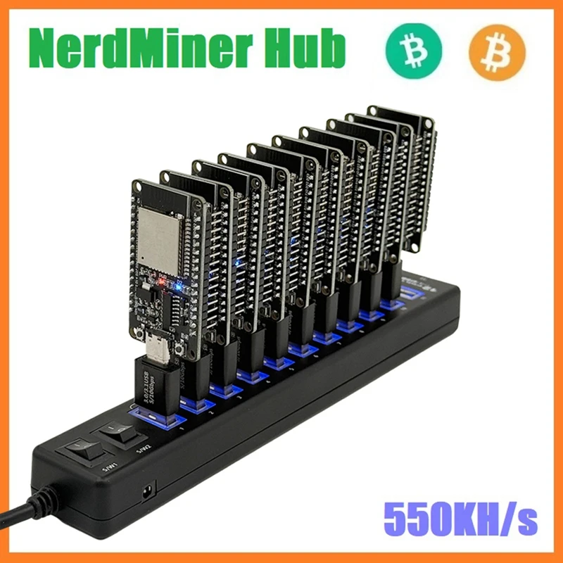 Nerdminer Hub 550 kh/s Solo Lottery Miner 10x55K Miner Combo Kit Bitcoin BTC Miner ASIC Mining Crypto Mining Station