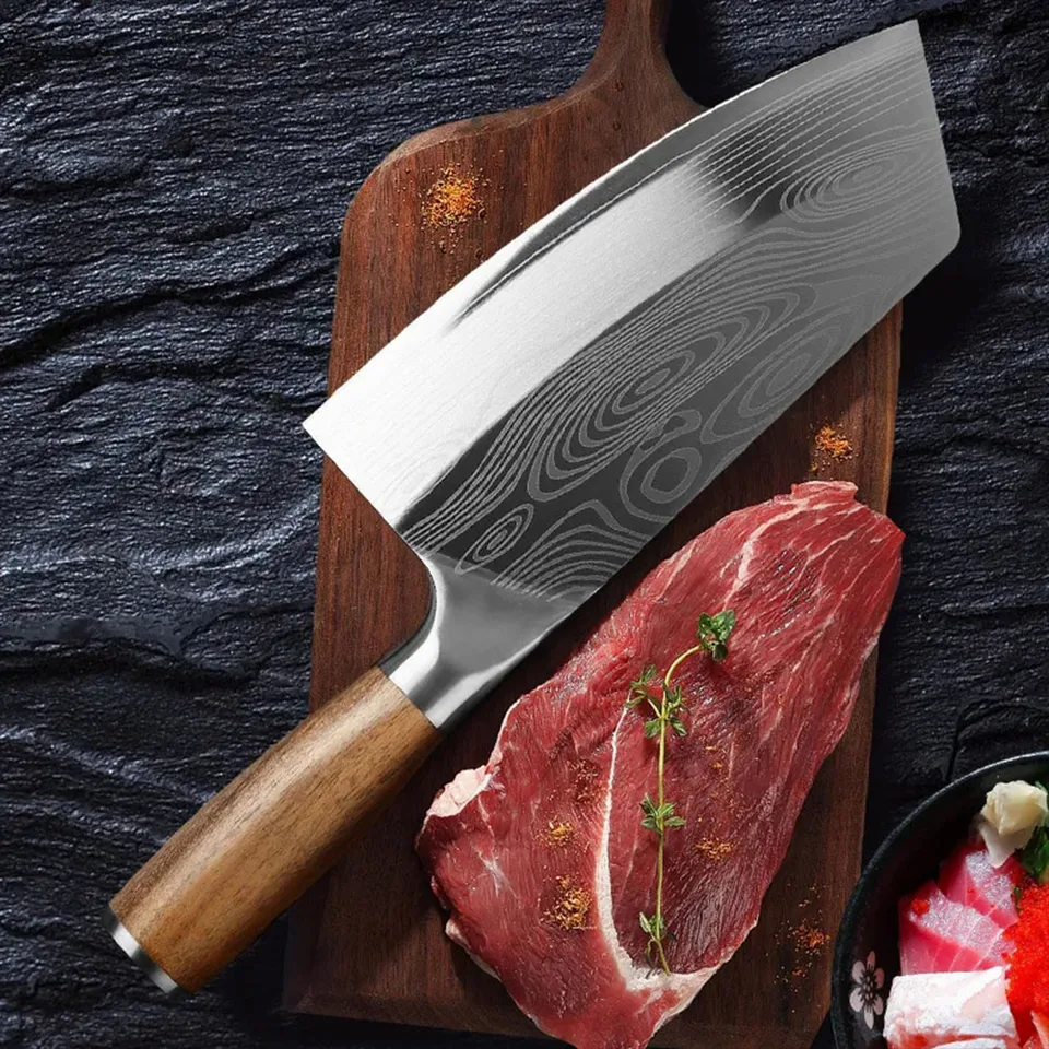 Nerezová oceľ Mäso Cleaver Nôž laser damascus vzor mäso sekápka kuchynský kuchári mäsiar nôž na drevené rukoväť nôž