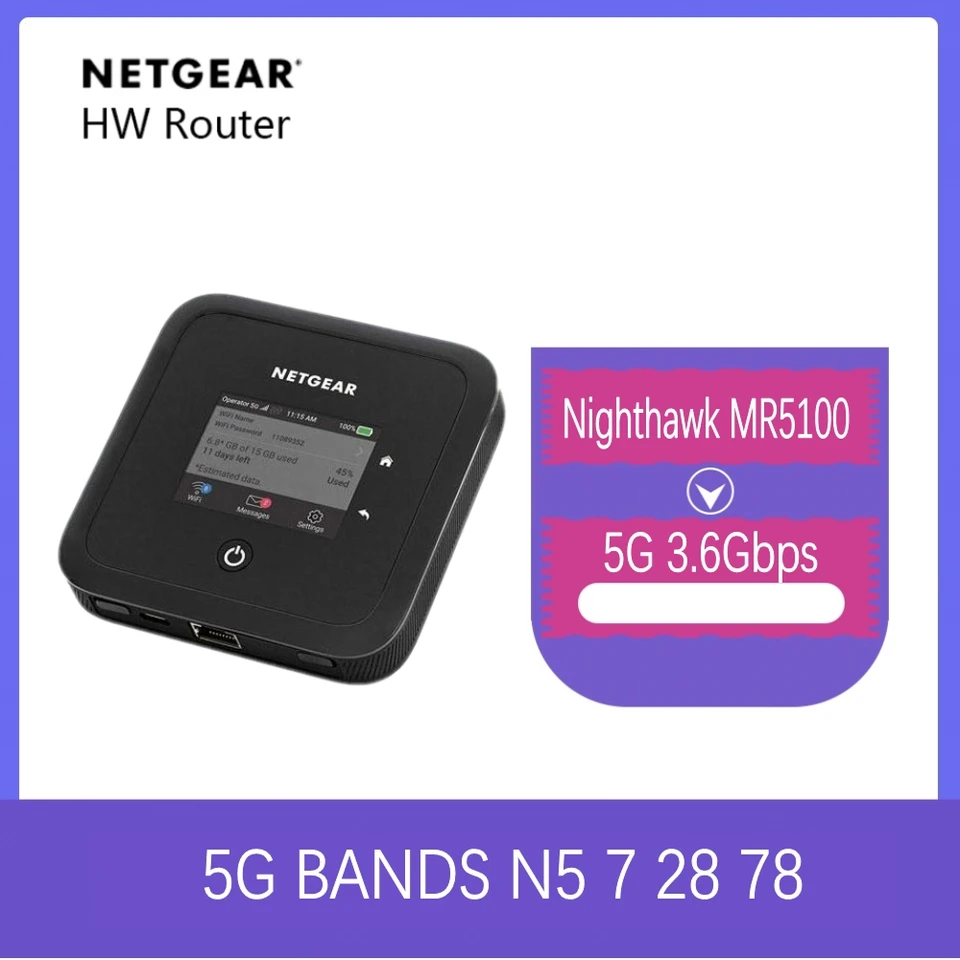 NetGear Nighthawk MR5100 M5 Mobilný hotspot 3,6 Gbps MMWAVE SUB6 WIFI6 5G pásmo N5 N7 N28 N78 98NEW