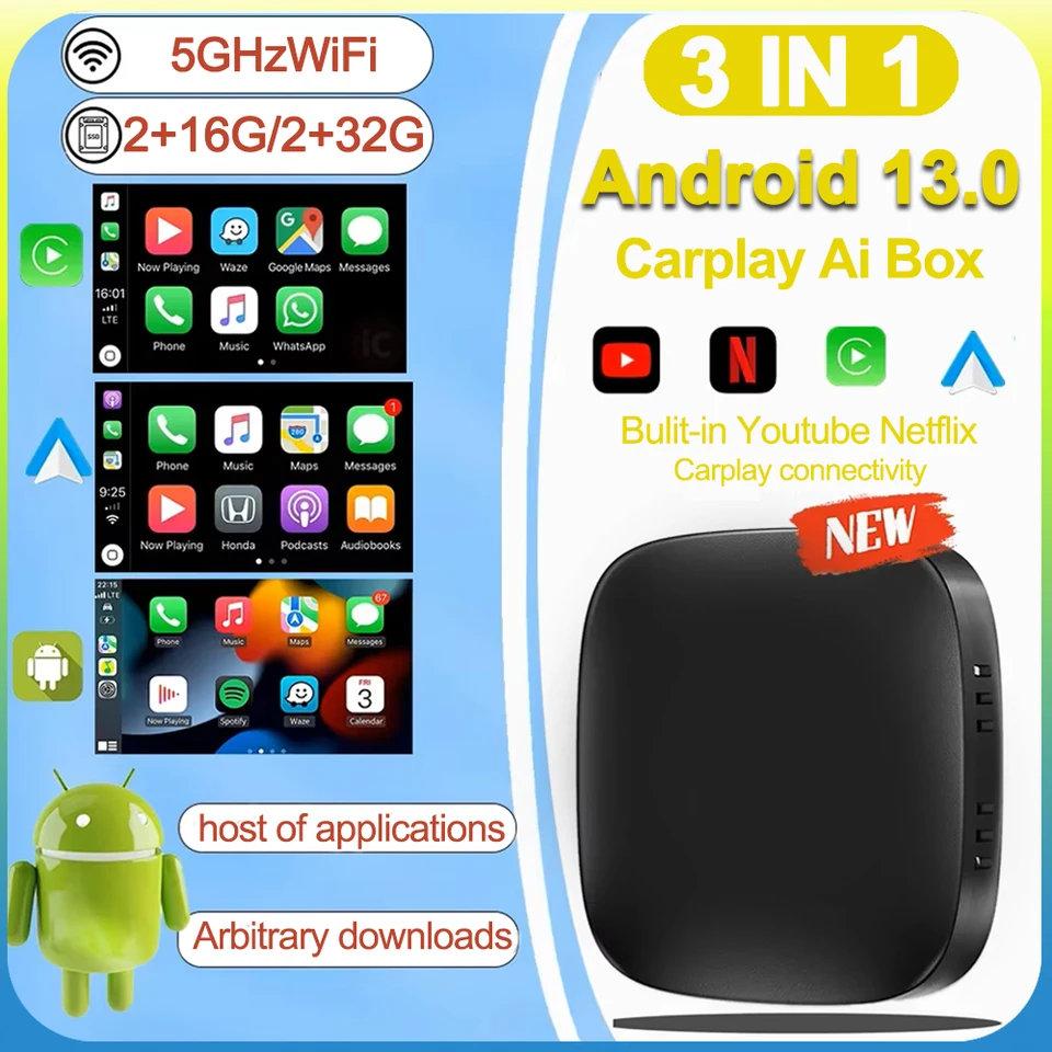 New Android 13 CarPlay AI Box Adapter Wireless CarPlay Android Auto Smart AI Box pre Netflix YouTube Fota Upgrade Multimedia