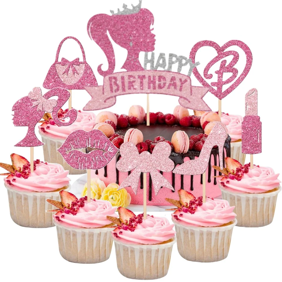 New Barbie Party dekorácie ružové trblietky dievčenské torty Toppers princezná cupcake topper na svadobné narodeniny bábätká dekorácia