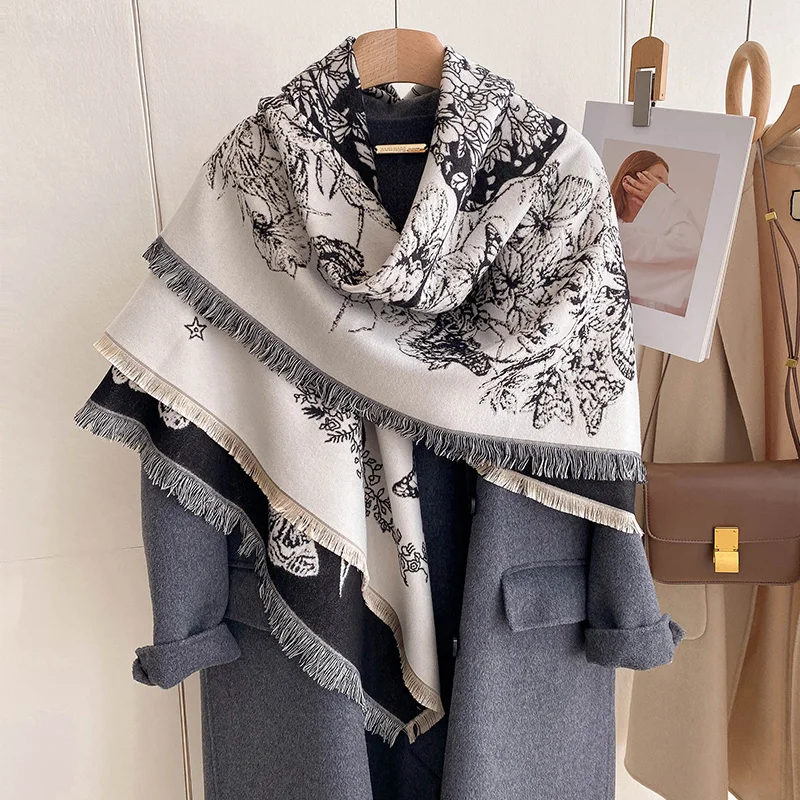 New Besign Women Winter Cashmere Jacquard Scarf Žena hrubá prikrývka mäkká bufanda teplo pašmina tasel šál Kerchief 2024