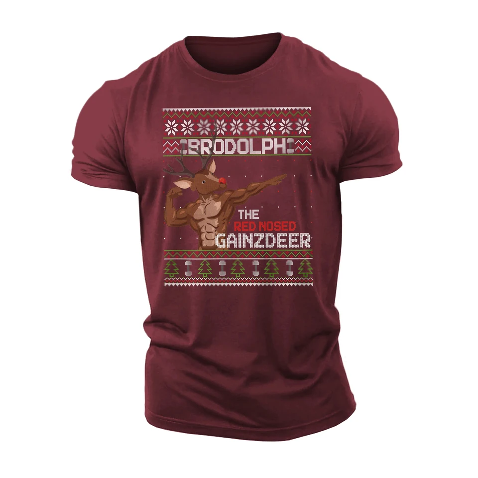New Brodolph Červené tričko Gainzdeer Gym Tričko pre mužov vianočné sviatky Karika