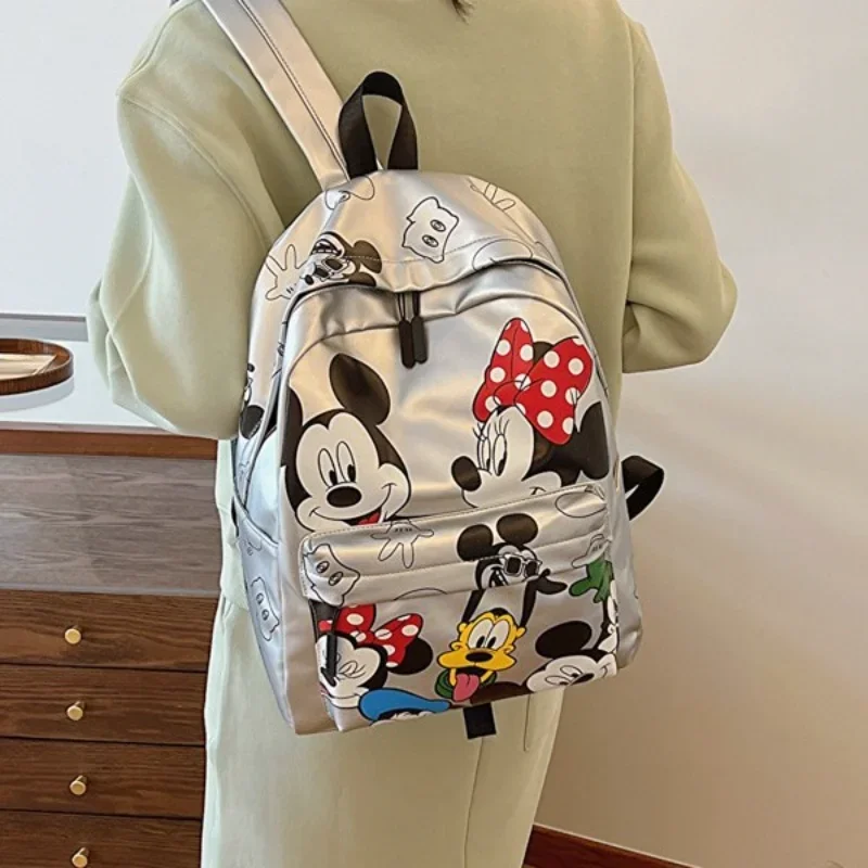 New Disney Mickey Pu Leather Batoh Classic Cartoon LoPtop Bag Minnie Mouse veľká kapacita Školská taška Ženy módne taška