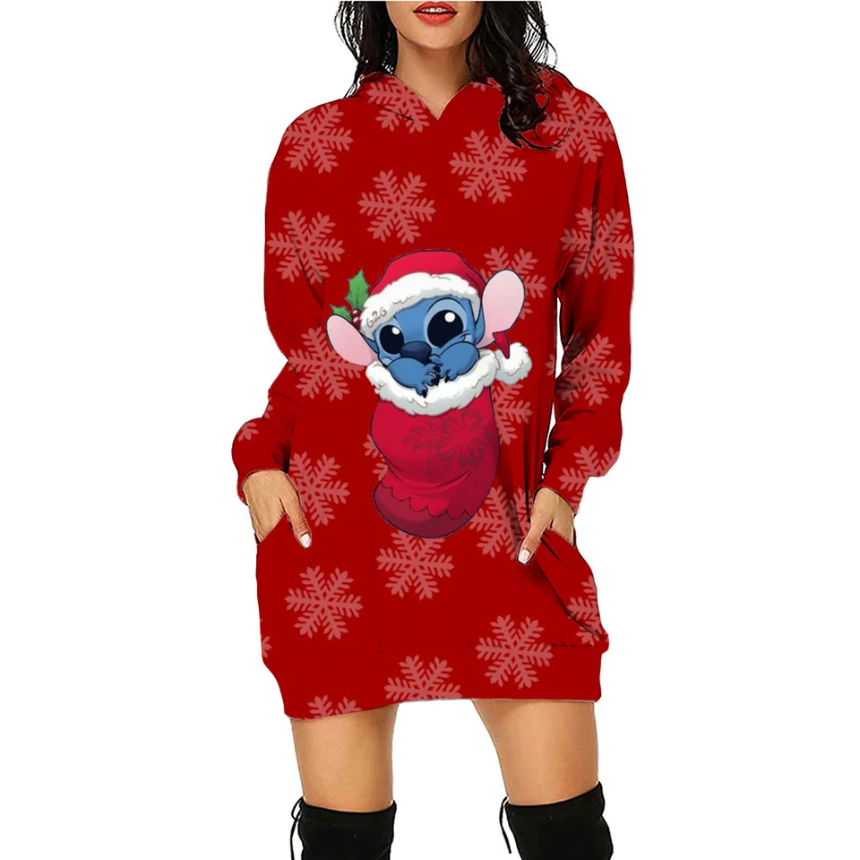 New Disney Stitch Print Hoodie Dress Sweater Móda Disney šaty mikina šaty 3D tlačiareň Dámska kapucňa