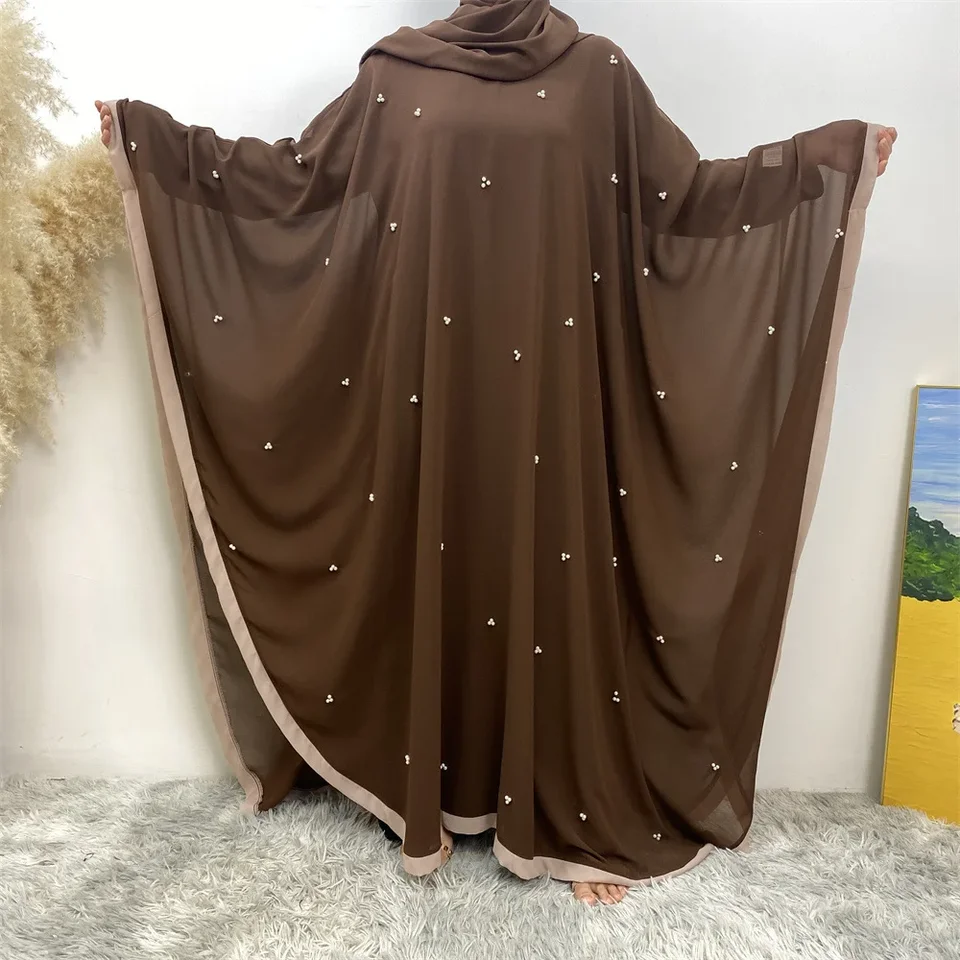 New Eid šifón Abayas pre ženy moslimské pálky rukávy Dubai Turecko Kaftan Islamské oblečenie perly