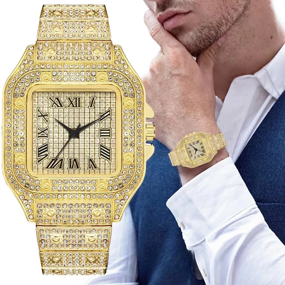 New Fashion Square Watch Full Sky Star Steel Band Diamond Inlaid Pánske rímske Quartz Quartz Watch Sports Watch for Sports
