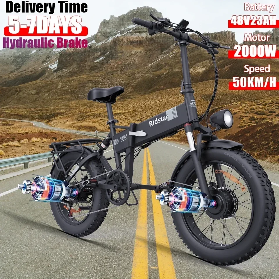 New H20 Pro, 2000W Výkonný motor s dvoma motormi Snow Mountain Electric Bike 48V 23AH 20 palcov*4,0 tukov