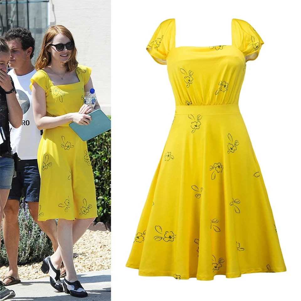 New La La Land Dress Mia Emma Cosplay kostým Stone leto žltý kvetinový korčuliar Vestidos pre dospelých