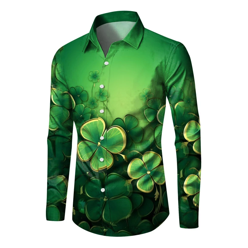 New St. Patrick's Day Fashion Pánske košele s dlhým rukávom Pohodlné topy Green Clover Lucky Pattern 3D tlačené mužské košele