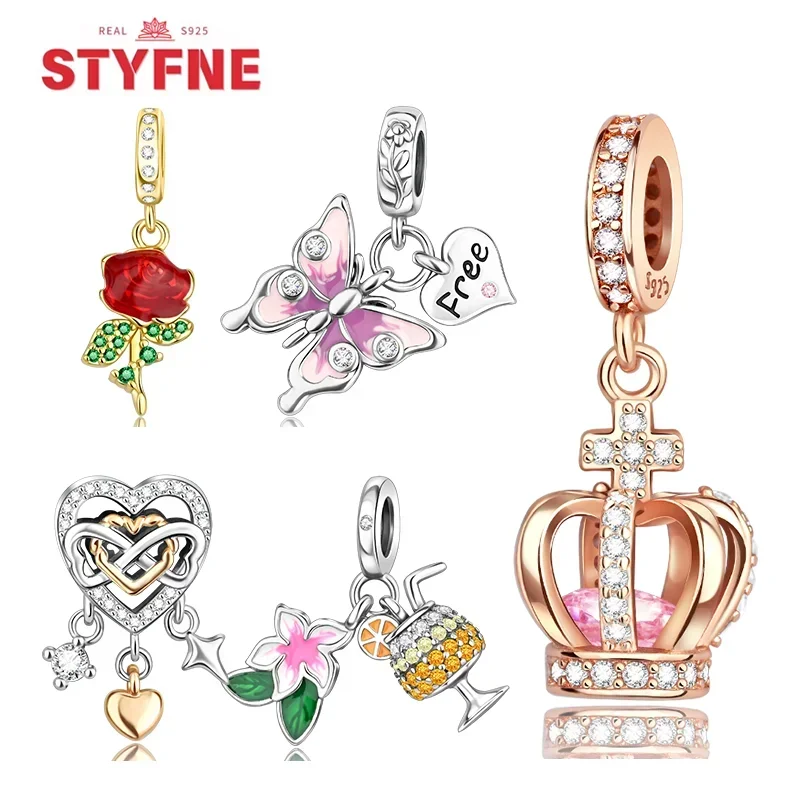 New Sterling Silver 925 Red Rose Flower & Pink Crown Charms Fit Fit Original Bracelet DIY Darček pre šperky pre ženy výroba