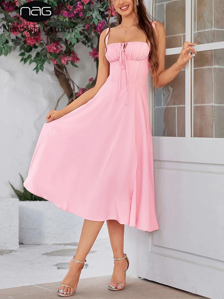 Newasia Summer Sweet Solid Solid bez rukávov Dlhé šaty Ženy módne obväzové šaty Camisole Polded Boned Robe Elegant Party Vestidos