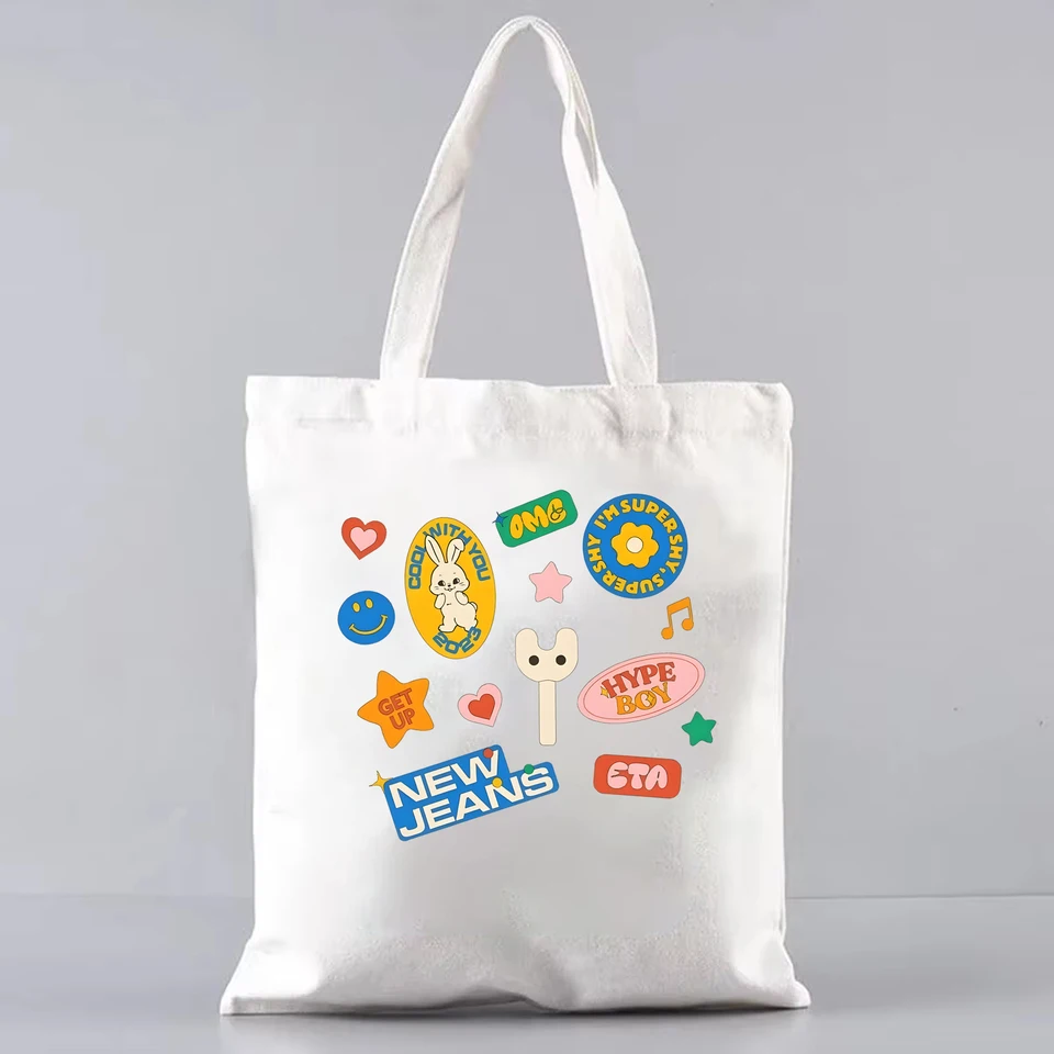 Newjeans y2k estetické tote tašku plátno opakovane použiteľné nákupné tašky Kórejská populárna ženská skupina ramená taška kpop tote taška