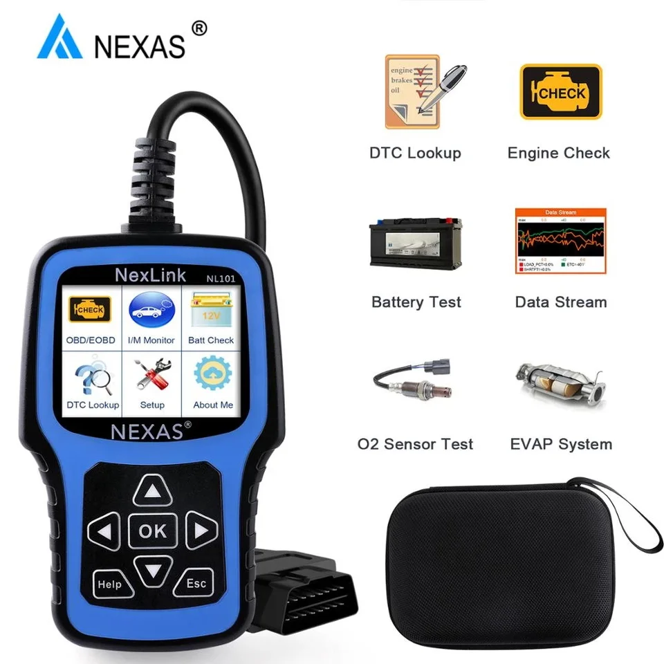 NEXAS NL101 OBD2 Diagnostický nástroj skeneru s testom batérie Skontrolujte, či motor Motor Light OBDII Funkcia živý dátový prúd bezplatná aktualizácia