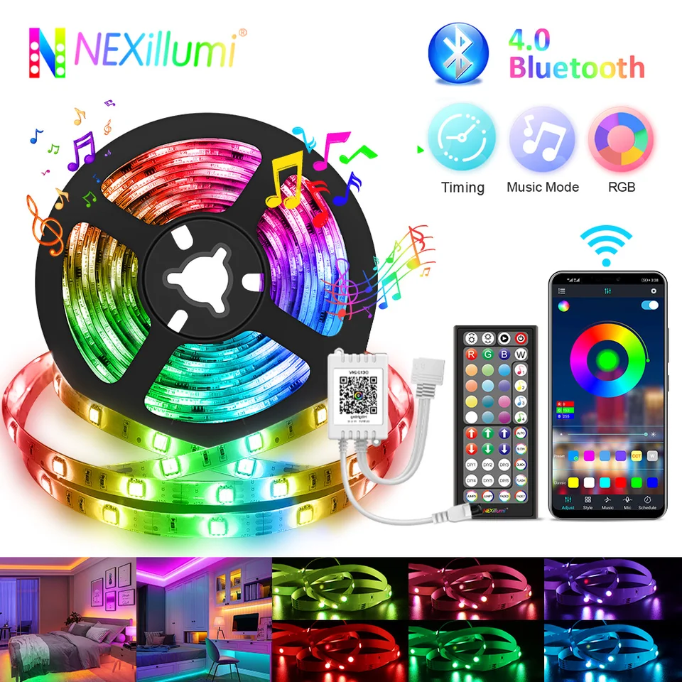 Nexillumi 5050 RGB LED pásové svetlá, 5 m/10m/15m/20m/30 m/30 m Bluetooth App Control Music Sync Resi s 12 V/24V adaptérom pre výzdobu