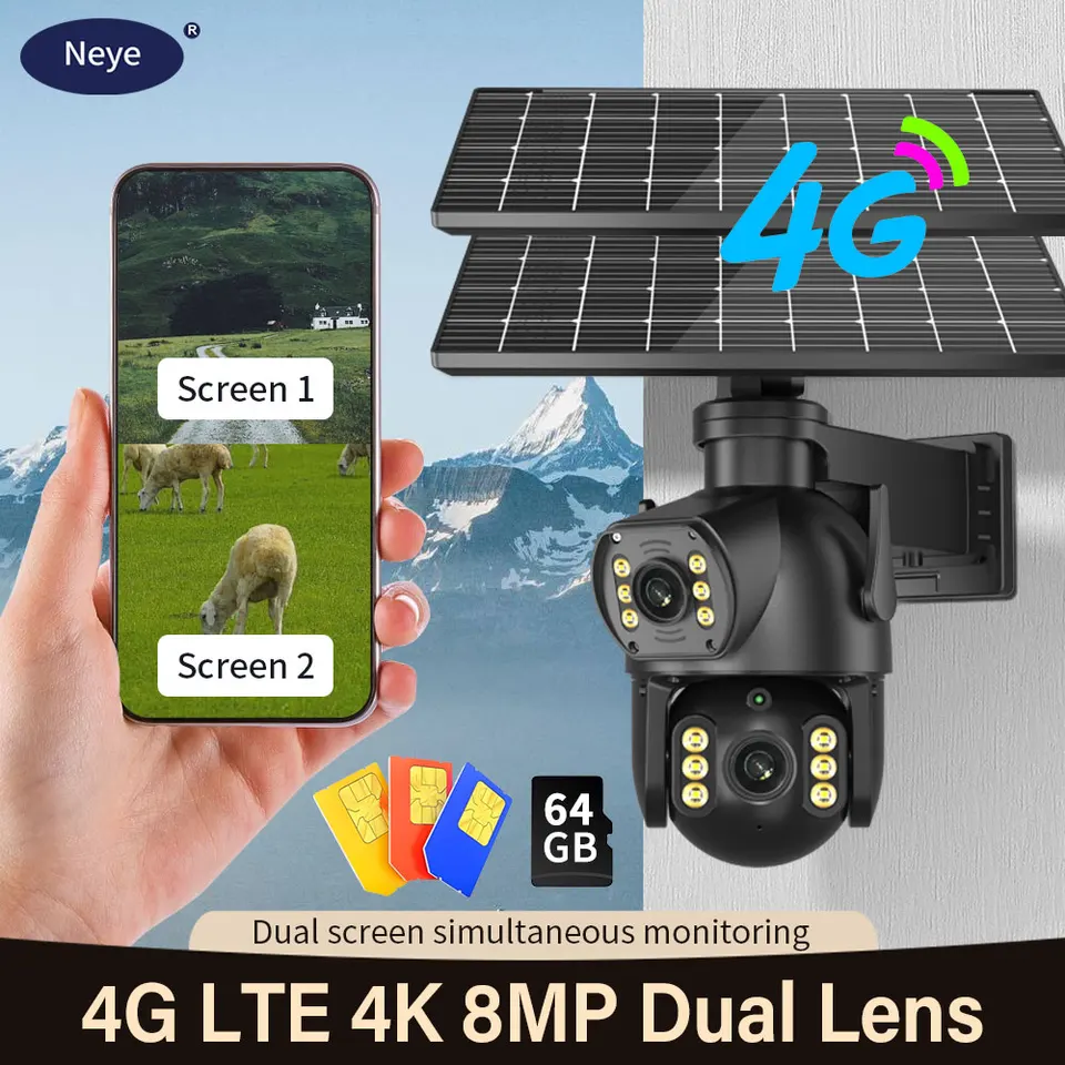 Neye 4K 8MP solárne napájané 4G SIM karta fotoaparát Outdoor 10x Zoom Dual šošovky PIR Sensor Camera