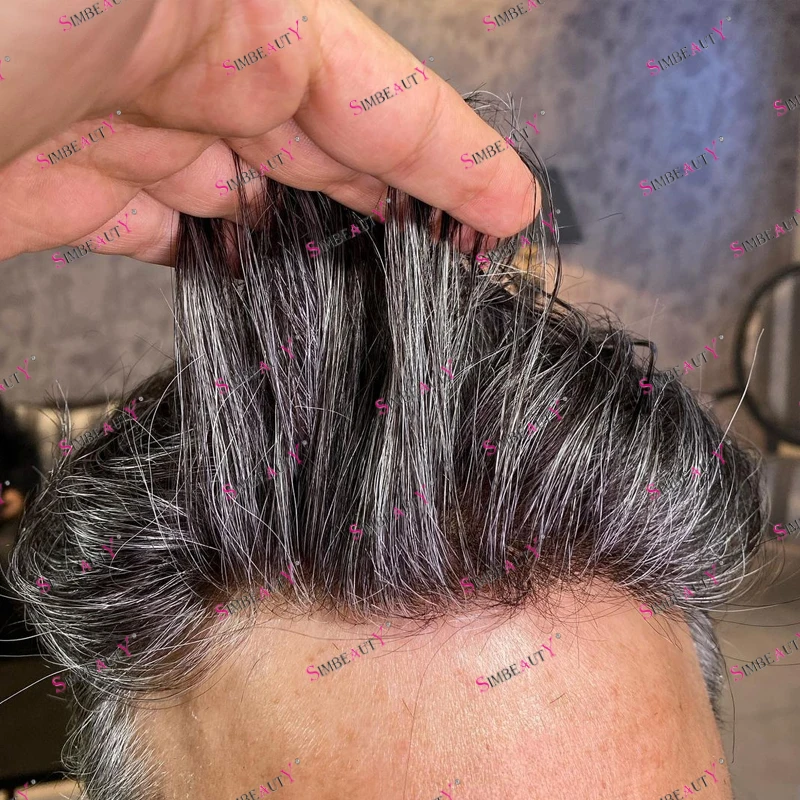 Nezistiteľný #550 hnedý s šedými ľudskými vlasmi Men muž Toupee Capilárna protelácia Prírodná vlasová línia ultra miscro tenká koža mužské parochne