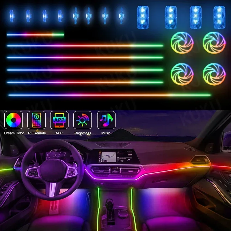 Neónové auto LED interiérové ​​okolité svetlá Akrylové prúžky pre BMW Tesla Audi Toyota Byd Honda Volvo Golf Ford Hyundai Motor