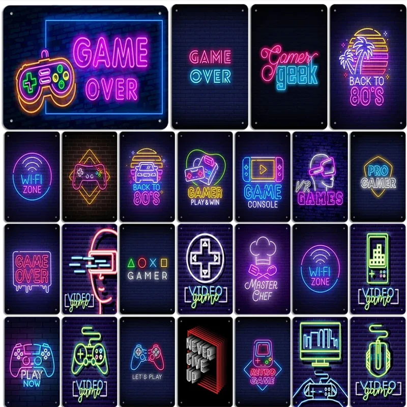 Neónové videohry kovové plechové značky herná sála Vintage plagát Gamer Room Bar Garáž železná doska e-športy hotelové nástenné dekorácie Plaky