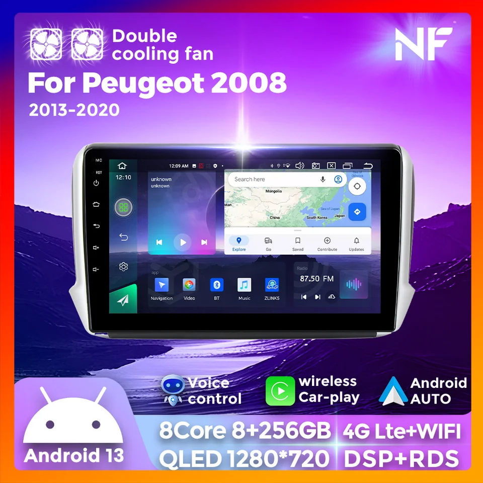 NF Dual Cooling Fan Autoradio HeadUnit pre Peugeot 2008 1 2013 - 2020 CAR Radio Multimedia Player Navi GPS pre bezdrôtové CarPlay