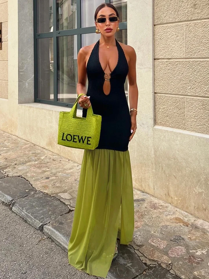 Nibber patchwork Blokujúce ženy šaty šaty kovový kovový obloženie bez rukávov Dutiny Skinny Backless Splits Holiday Vestidos