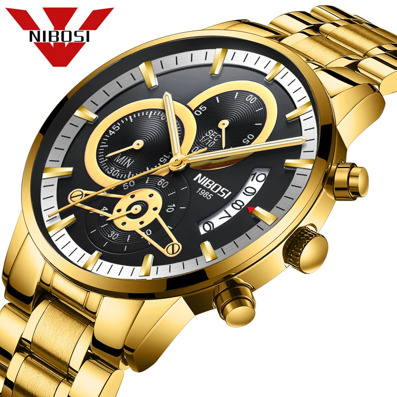 Nibosi Quartz hodinky Men zlaté čierne pánske hodinky Top značka Luxusný chronograf Športové hodinky Svetlá vodotesná relogio maskulín